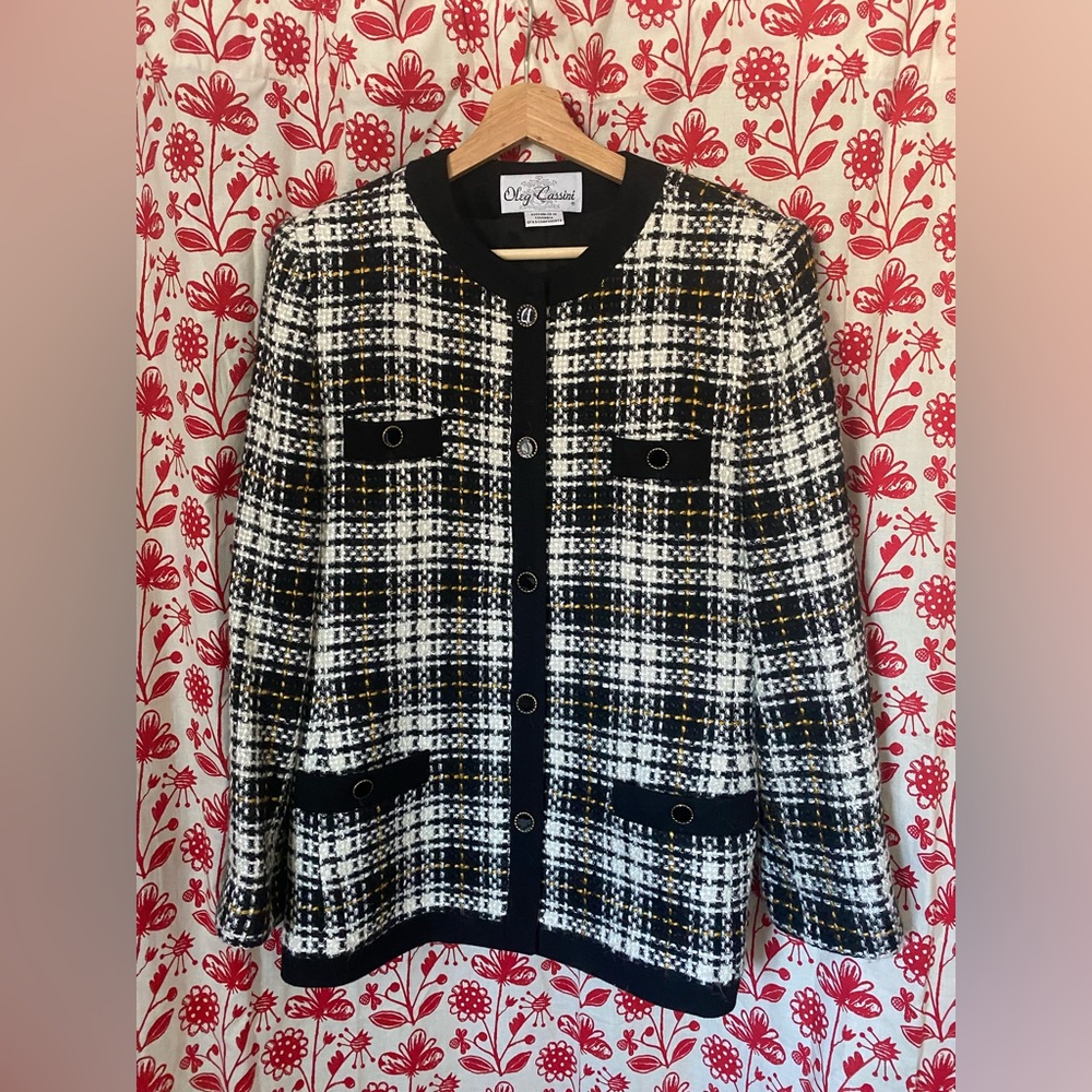 Vintage Oleg Cassini Black White Plaid woven tweed skirt suit